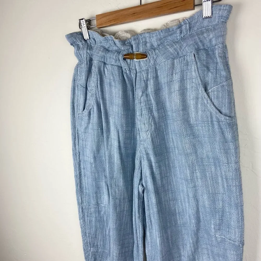 Free People Paradise Linen-Blend Chambray Ankle Pant - Light Blue
